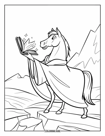 Coloriage de cheval pour enfants : Un cheval en robe de magicien lance de la magie depuis un livre dans une forêt
