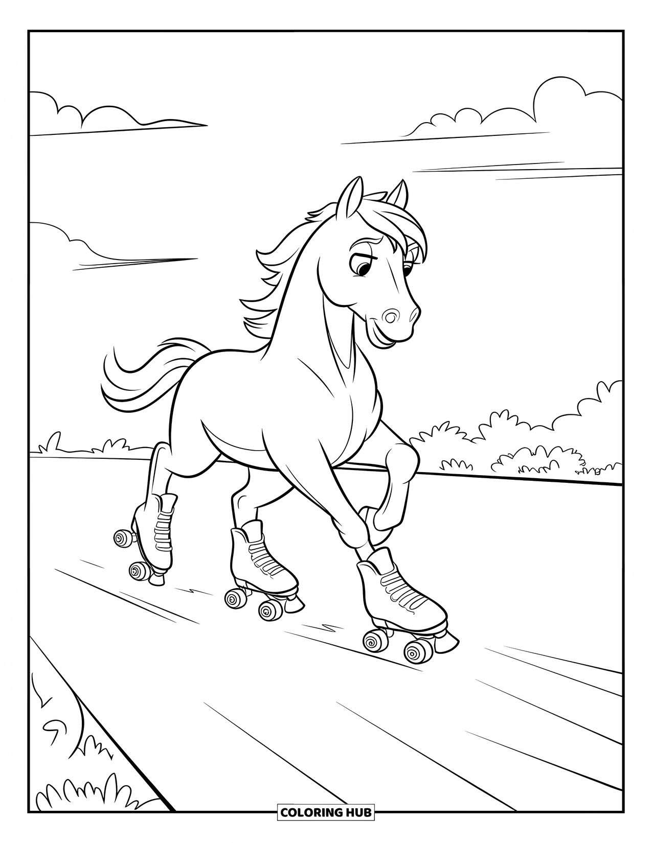 Paarden Kleurplaat voor Kinderen: Een paard op rolschaatsen waggelt nerveus op een glad pad