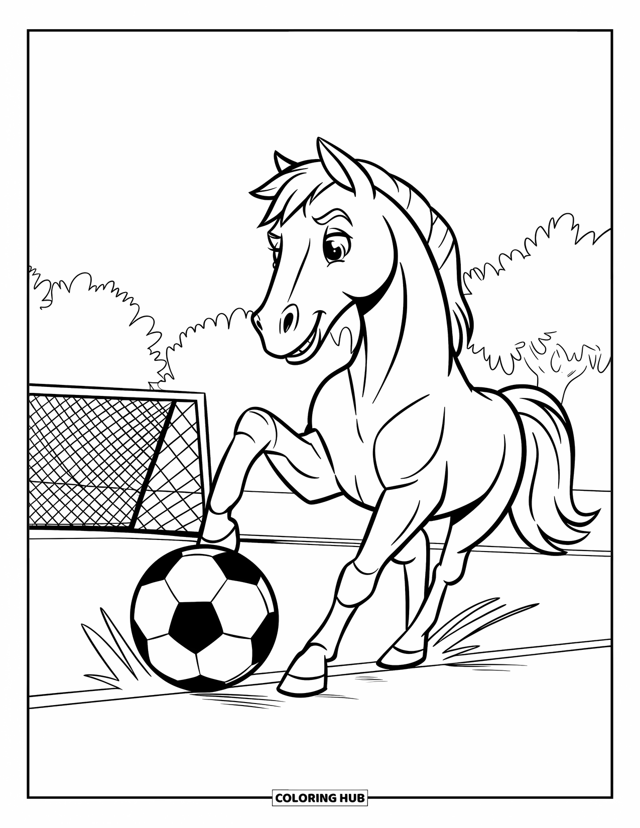 Paarden Kleurplaat voor Kinderen: Een paard schopt een voetbal op een veld met doelpalen in de buurt