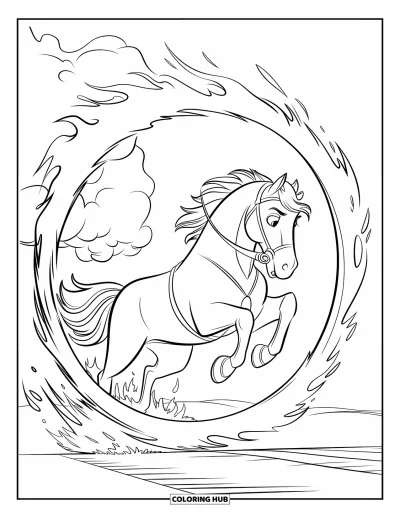 Coloriage de cheval pour enfants : Un cheval saute hardiment à travers un anneau de feu, des flammes tourbillonnant autour
