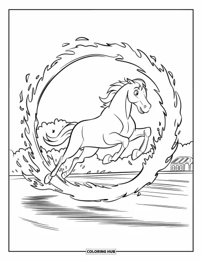 Coloriage de cheval pour enfants : Un cheval saute à travers un anneau de feu dans un stade rempli de spectateurs