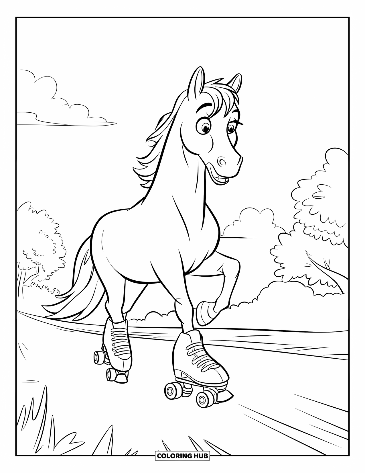 Paarden Kleurplaat voor Kinderen: Een paard op rolschaatsen probeert te balanceren met een verraste uitdrukking