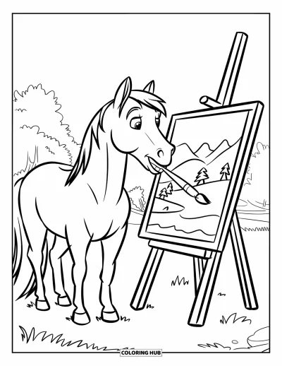 Coloriage de cheval pour enfants : Un cheval peint un paysage sur un chevalet dans un pré herbeux