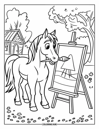 Coloriage de cheval pour enfants : Un cheval peint sur un chevalet, tenant un pinceau dans sa bouche