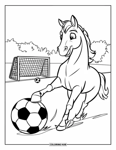 Coloriage de cheval pour enfants : Un cheval joue au football en frappant un ballon avec son sabot