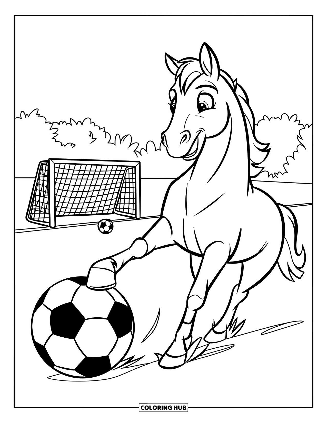 Paarden Kleurplaat voor Kinderen: Een paard speelt voetbal en schopt een bal met zijn hoef