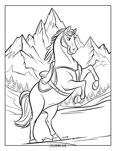Coloriage de cheval pour enfants : Un cheval se cabre devant des montagnes aux sommets enneigés