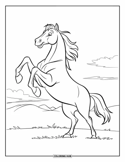 Coloriage de cheval pour enfants : Un cheval se cabre hardiment dans un champ sous un ciel dégagé