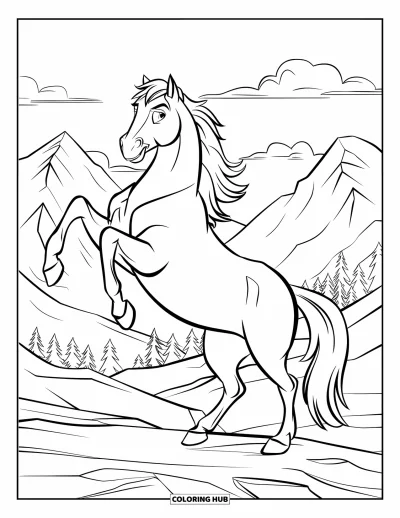 Coloriage de cheval pour enfants : Un cheval se cabre de façon spectaculaire devant d'immenses montagnes