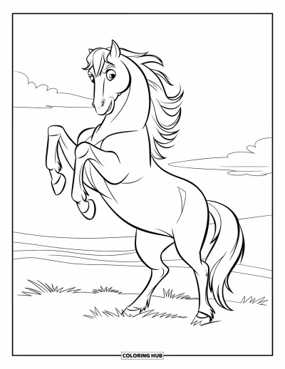 Coloriage de cheval pour enfants : Un cheval se cabre puissamment dans un pré herbeux sous un ciel clair