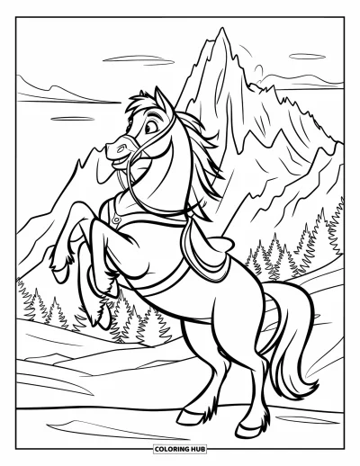 Coloriage de cheval pour enfants : Un cheval se cabre, sa crinière volant devant des montagnes