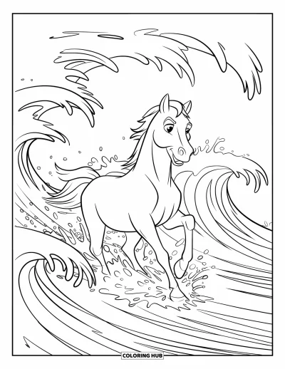 Coloriage de cheval pour enfants : Un cheval court librement dans les vagues de l'océan près d'une côte rocheuse