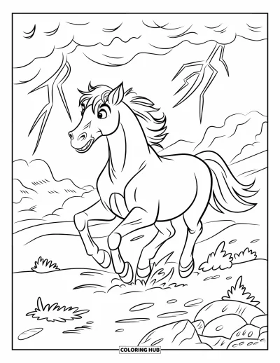 Coloriage de cheval pour enfants : Un cheval court sur un sol rocheux pendant un orage, avec des éclairs au-dessus