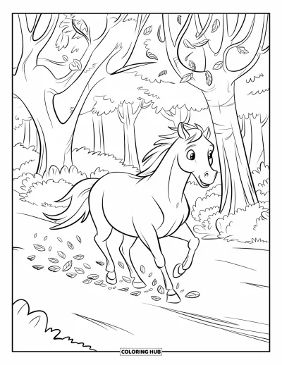 Coloriage de cheval pour enfants : Un cheval court rapidement dans une forêt, laissant des traces de feuilles d'automne