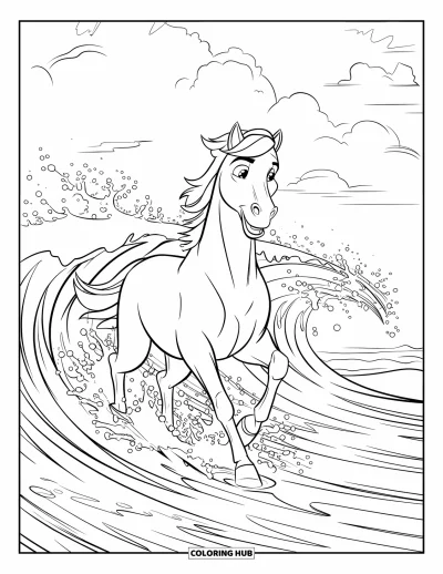 Coloriage de cheval pour enfants : Un cheval court dans les vagues de l'océan, l'eau éclaboussant autour de ses sabots