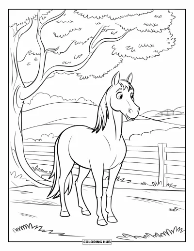 Coloriage de cheval pour enfants : Un cheval vigilant se tient sous un grand chêne près d'une clôture