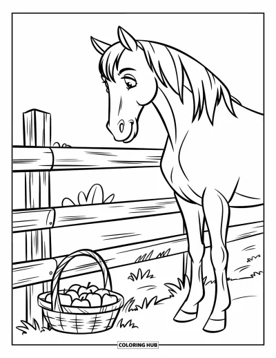 Coloriage de cheval pour enfants : Un cheval se tient près d'une clôture, regardant un panier de pommes