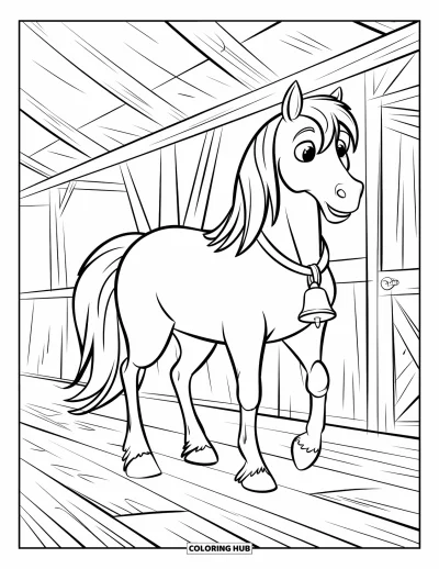 Coloriage de cheval pour enfants : Un cheval se tient dans une grange avec une cloche autour du cou