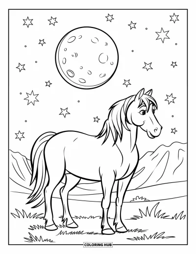 Coloriage de cheval pour enfants : Un cheval se tient dans un pré sous une pleine lune lumineuse