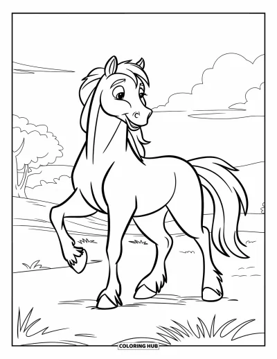 Coloriage de cheval pour enfants : Un cheval se tient fièrement dans un champ avec des collines au loin