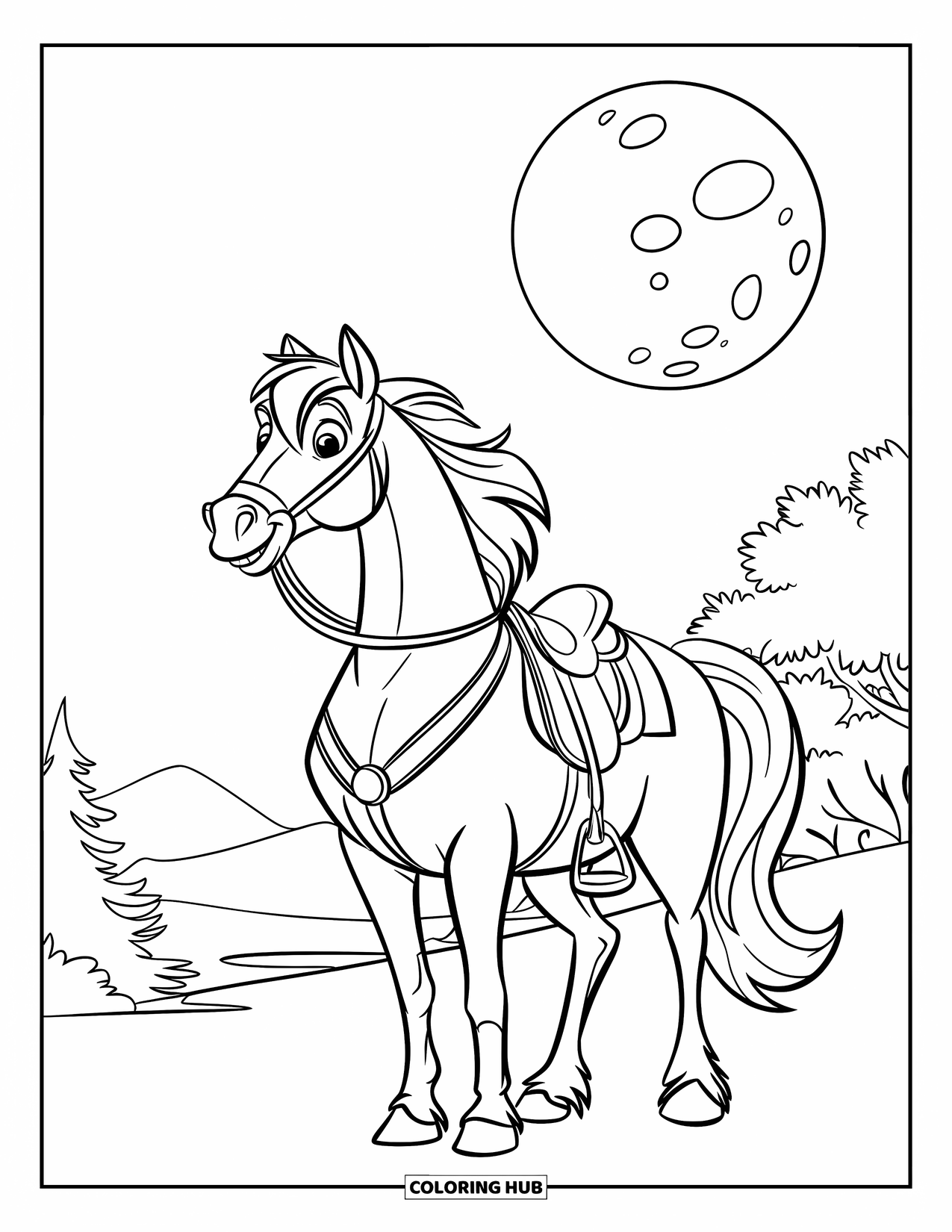 Paarden Kleurplaat voor Kinderen: Een paard staat rustig onder de volle maan en een sterrenhemel