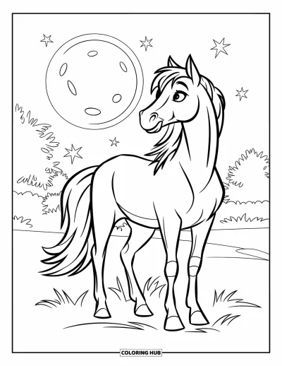 Coloriage de cheval pour enfants : Un cheval se tient sous une pleine lune avec des étoiles brillantes au-dessus
