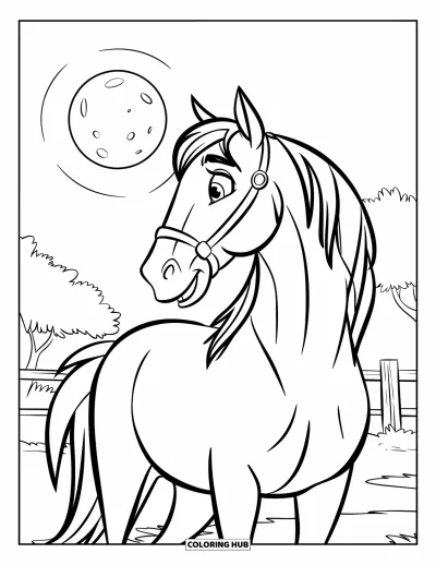Coloriage de cheval pour enfants : Un cheval se tient sous une lune lumineuse, entouré d'arbres