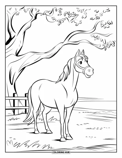 Coloriage de cheval pour enfants : Un cheval se tient sous un grand chêne, les oreilles dressées avec attention