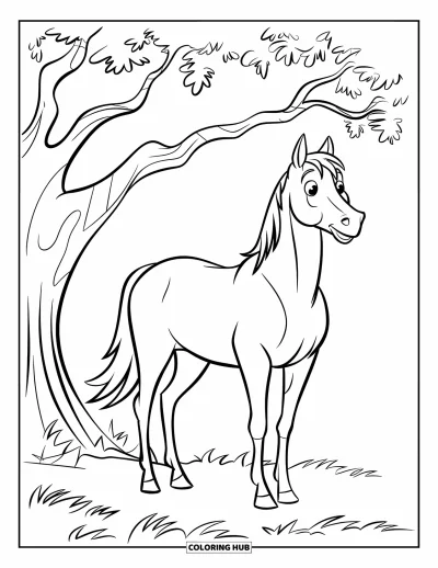 Coloriage de cheval pour enfants : Un cheval se tient sous un arbre, les oreilles dressées, près d'une clôture