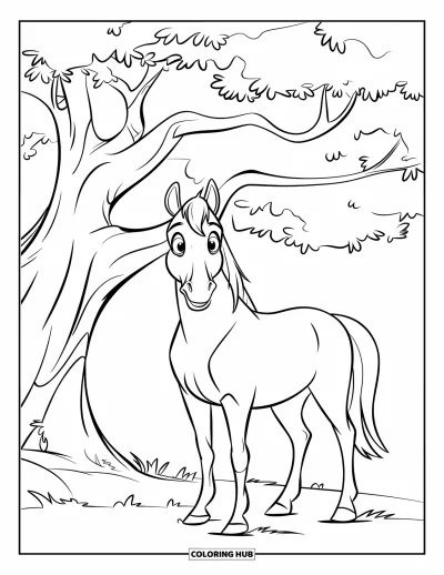 Coloriage de cheval pour enfants : Un cheval se tient sous un chêne avec les oreilles dressées