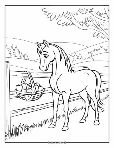 Coloriage de cheval pour enfants : Un cheval observe un panier de pommes suspendu à une clôture