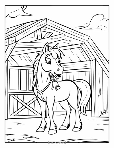 Coloriage de cheval pour enfants : Un cheval avec une cloche autour du cou se tient calmement dans une grange