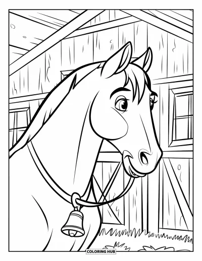 Coloriage de cheval pour enfants : Un cheval avec une cloche se tient dans une grange, entouré de foin