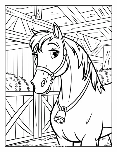 Coloriage de cheval pour enfants : Un cheval avec une cloche se tient dans une grange entouré de bottes de foin