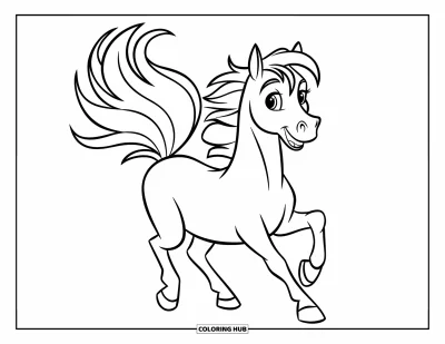 Coloriage de cheval pour enfants : Un cheval avec une grande queue l'agite joyeusement dans un pré herbeux