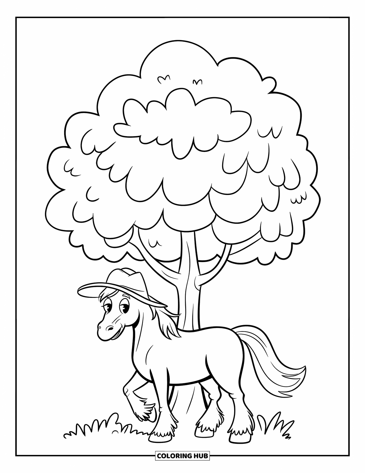 Paarden Kleurplaat voor Kinderen: Een paard met een stuiterende staart staat vrolijk onder een grote boom