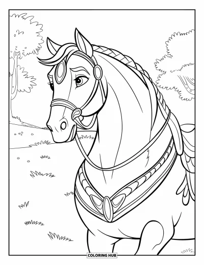 Coloriage de cheval pour enfants : Un cheval à la crinière tressée et au harnais élégant se tient sur l'herbe