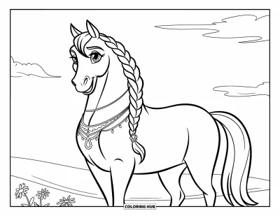 Coloriage de cheval pour enfants : Un cheval à la crinière tressée et aux bijoux se tient calmement dans un champ ensoleillé