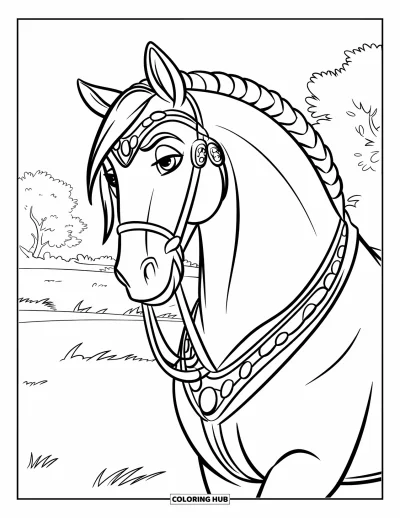 Coloriage de cheval pour enfants : Un cheval à la crinière tressée se tient calmement dans un pré herbeux