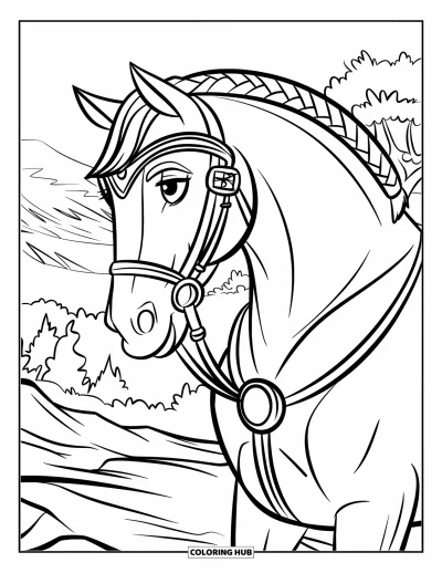 Coloriage de cheval pour enfants : Un cheval à la crinière tressée se tient sur un sol rocheux près d'arbres