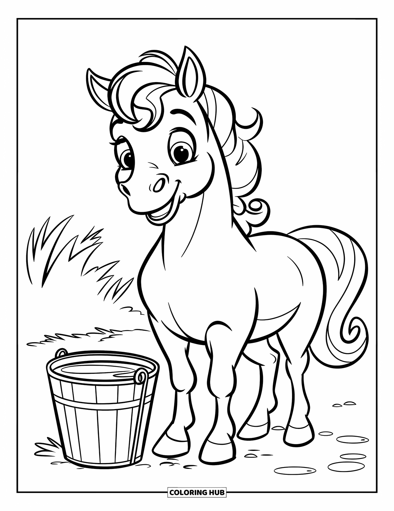 Paarden Kleurplaat voor Kinderen: Een paard met een krullende manen staat vrolijk bij een emmer water