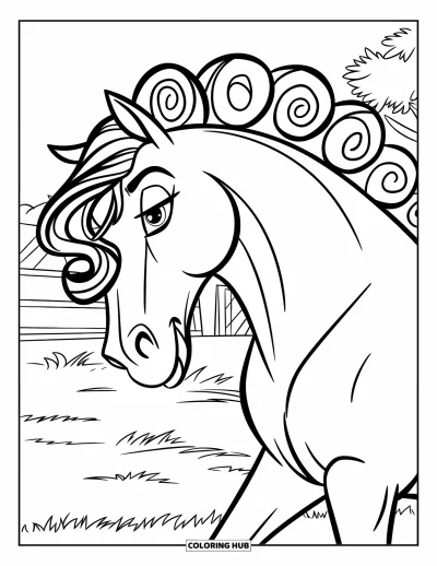 Coloriage de cheval pour enfants : Un cheval à la crinière fluide et bouclée se tient paisiblement sur l'herbe