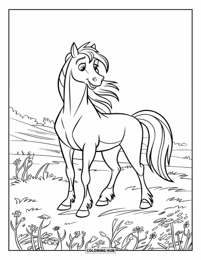 Coloriage de cheval pour enfants : Un cheval à la crinière flottante se tient avec grâce dans un champ de fleurs sauvages