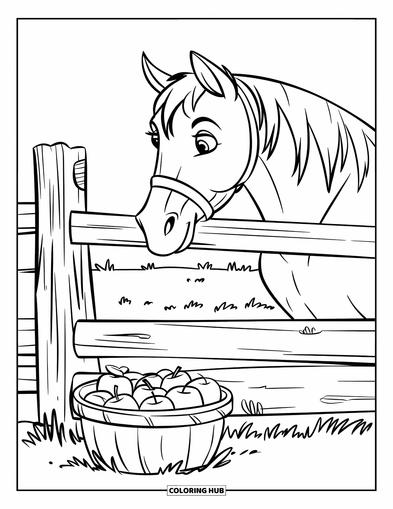 Paarden Kleurplaat voor Kinderen: Een paard met een halster kijkt naar een mand met appels bij een hek