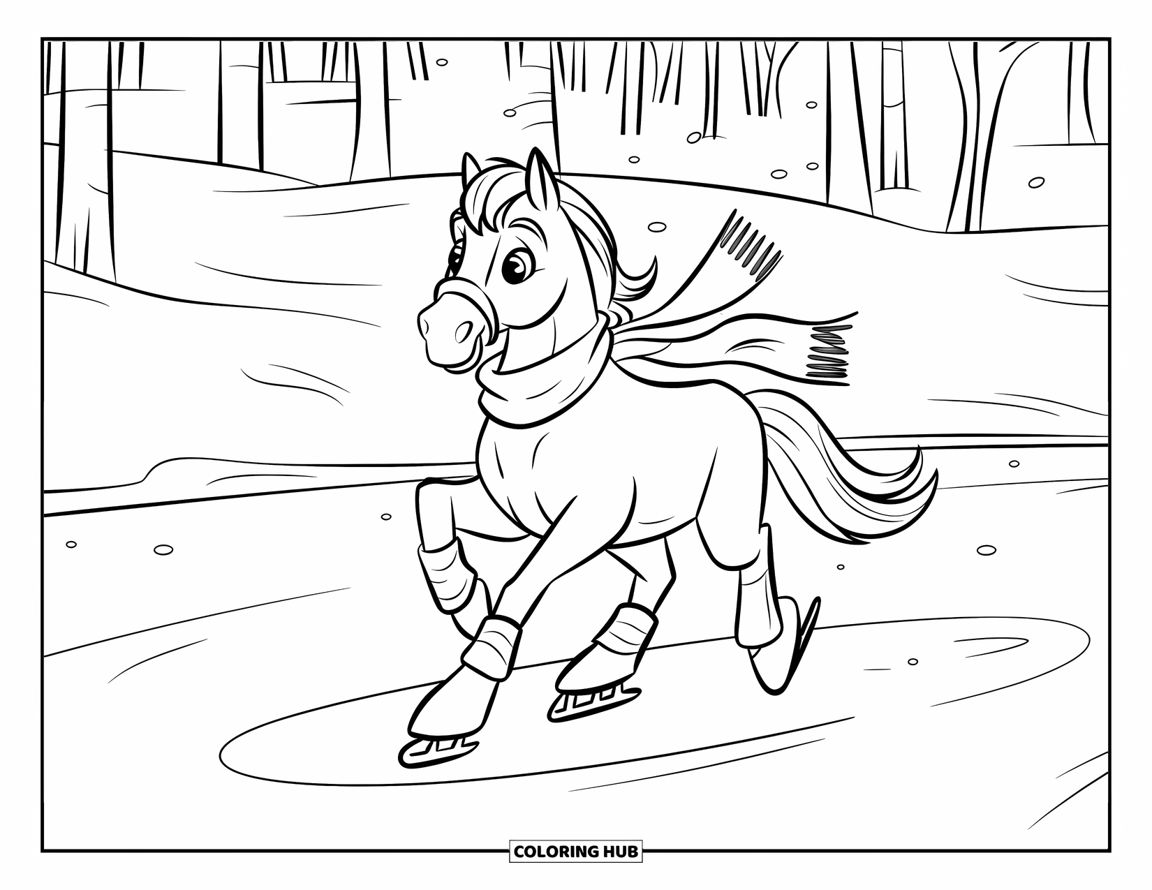 Paarden Kleurplaat voor Kinderen: Een paard met een winterse sjaal schaatst vrolijk op een bevroren vijver