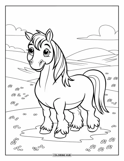 Coloriage de cheval pour enfants : Un cheval aux grands sabots et à la petite queue se tient joyeusement dans une prairie