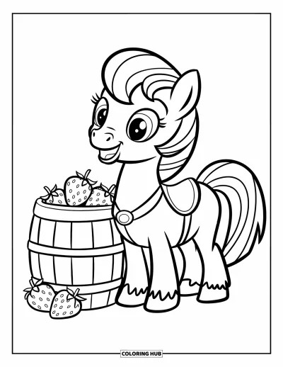 Coloriage de cheval pour enfants : Un cheval aux grands sabots sourit dans une prairie fleurie