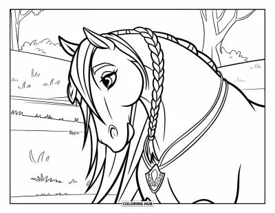 Coloriage de cheval pour enfants : Un cheval à la crinière tressée et aux bijoux délicats se tient dans un pré herbeux