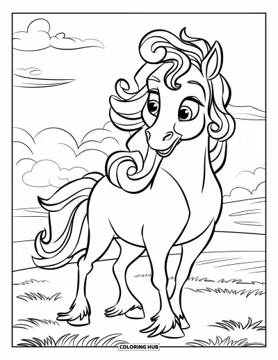 Coloriage de cheval pour enfants : Un cheval à la crinière bouclée se tient dans un pré herbeux