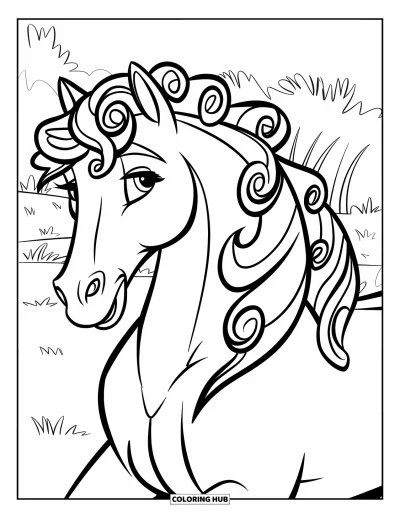 Coloriage de cheval pour enfants : Un cheval à la crinière bouclée se tient calmement dans un pré herbeux